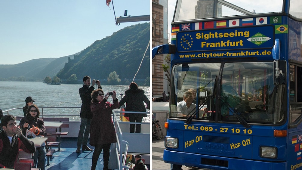 Combo image of Frankfurt tour bus and a boat of Tourists on the Rhine