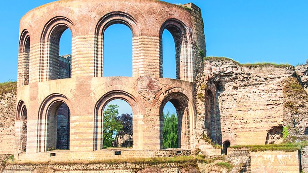 Angled view of historical ruins in city.