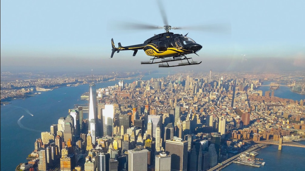 A helicopter photoshopped in front of a New York skyline