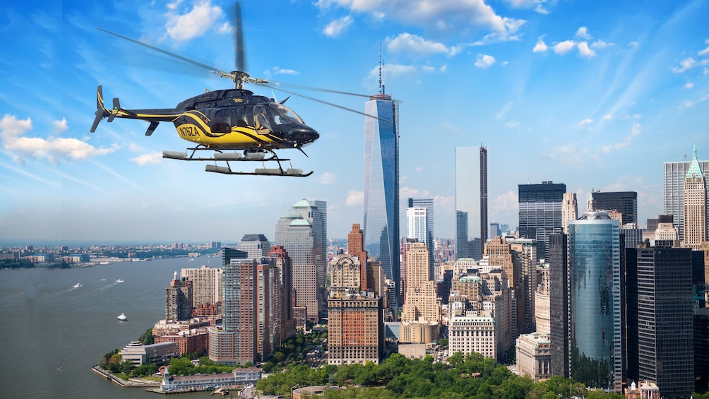 A helicopter photoshopped in front of a New York skyline