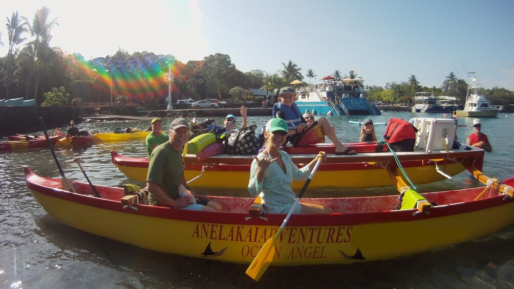 People in an outrigger canoe in Hawaii