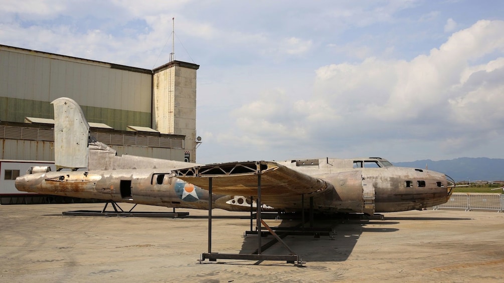 Salvaged B-17 bomber resting outside the main hanger of the Pacific Aviation Museum