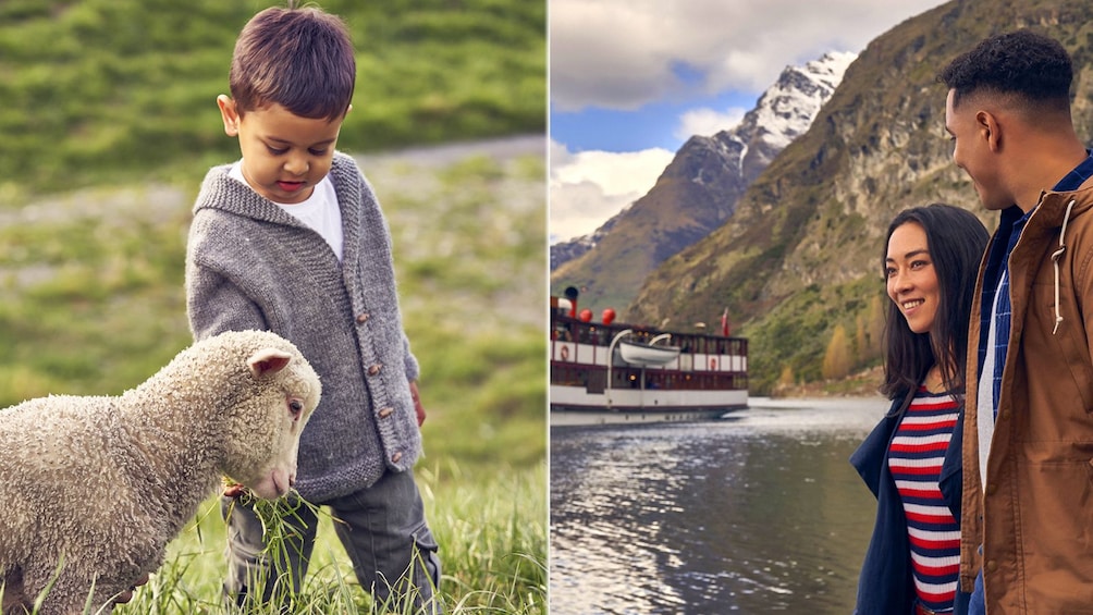Combo image of boy with a sheep and two people on the shore looking at a cruise ship