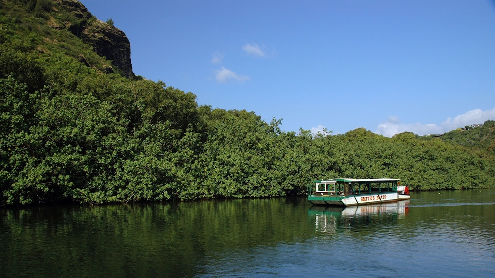 river boat sailing on river in Kauai