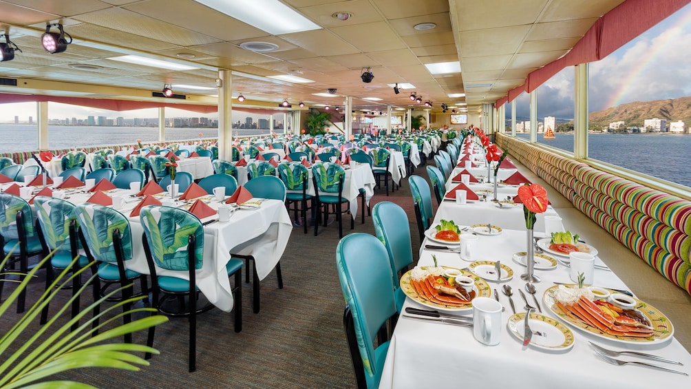 Interior of boat set up for dinner on the Sunset Dinner Cruise