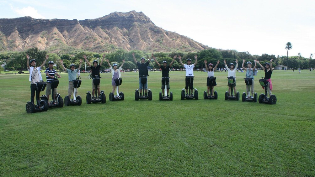 Segway tour group in Oahu with view of mountains