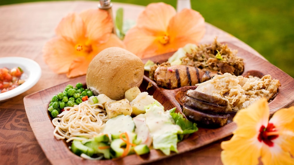 Food tray served at the Maui Nui Luau in Maui