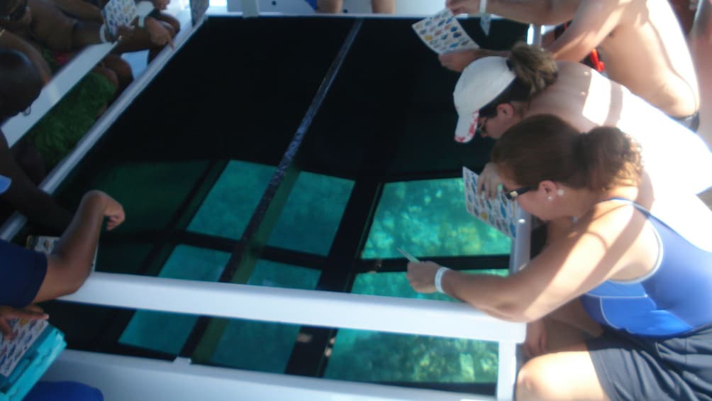 People seated around the glass bottom part of the boat in the Pacific Ocean 