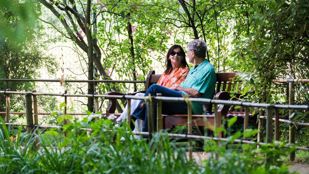 Couple relaxing on bench in the garden