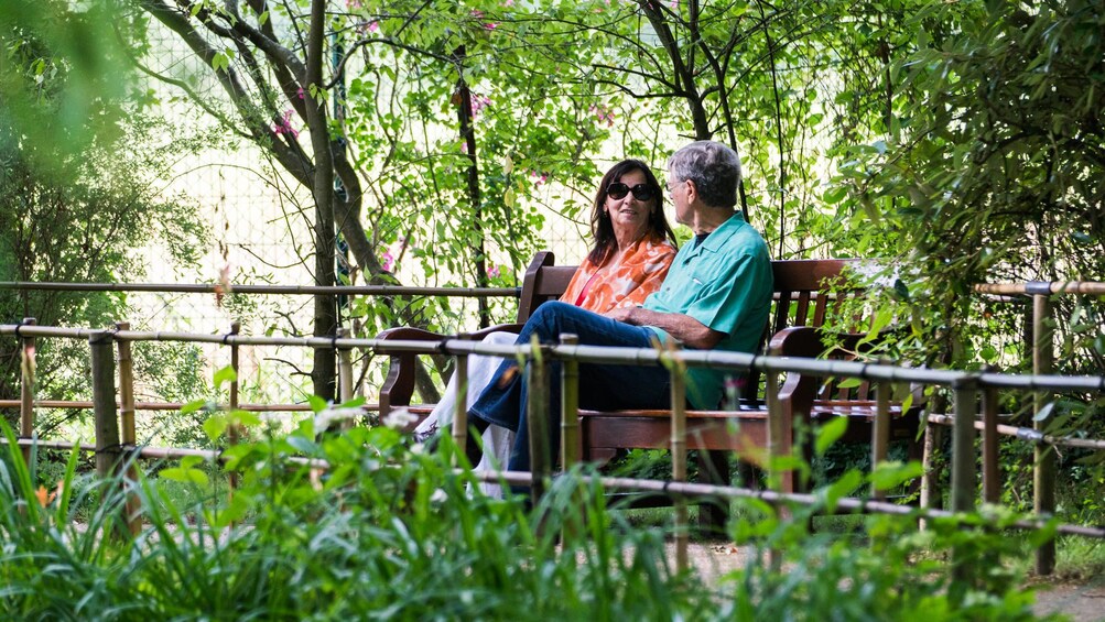 Couple relaxing on bench in the garden 