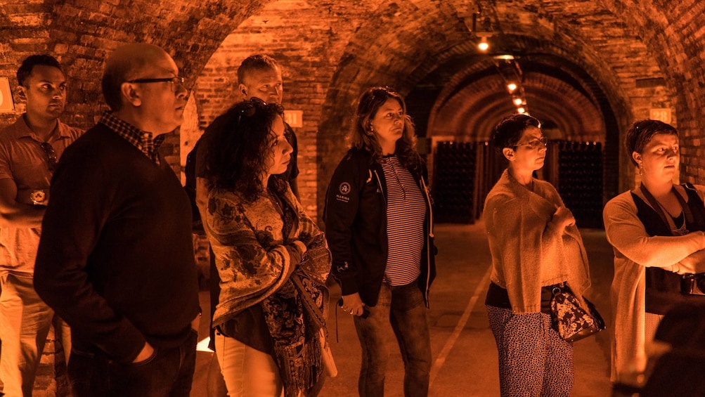 Group in storage cellars at Moet & Chandon winery