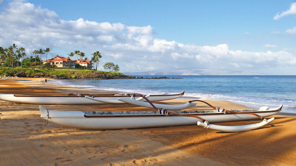Two outrigger canoes resting along the beach in Maui