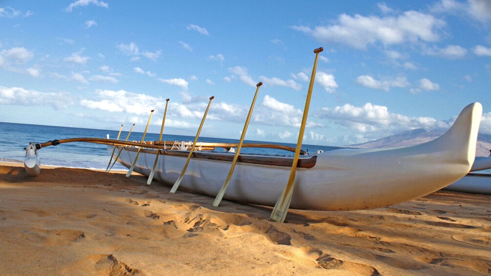 Outrigger canoe with paddles at the beach in Maui