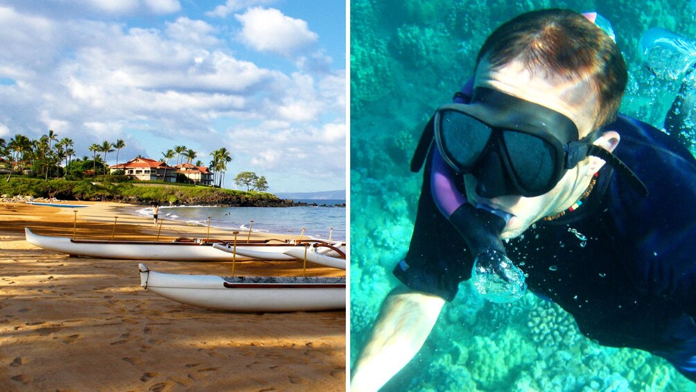 Combo image of outrigger canoe and snorkeling 