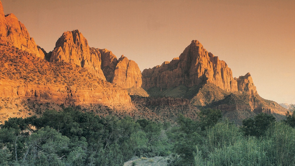 Rock formations of Zion National Park at sunset