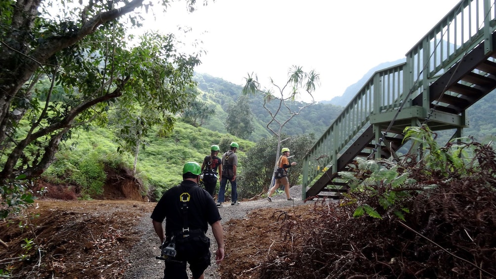 Group walking up ramp to zipline platform on Oahu
