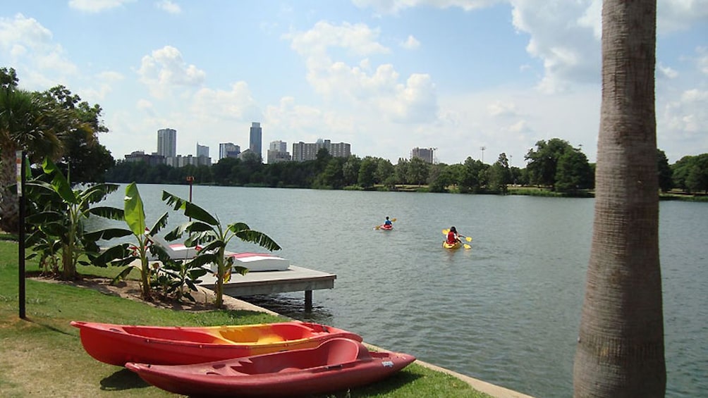 Riverfront view of city skyline.