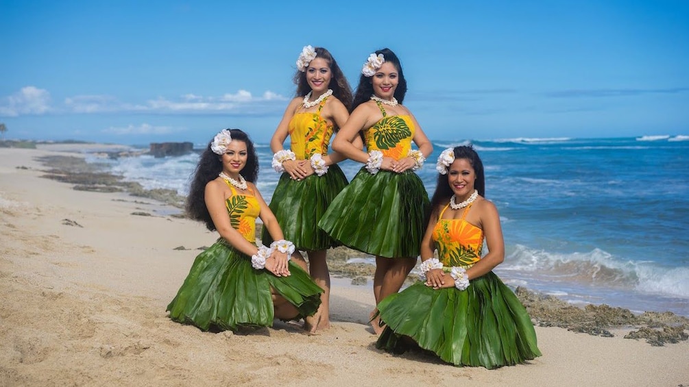 Hula dancers on a beach on Oahu