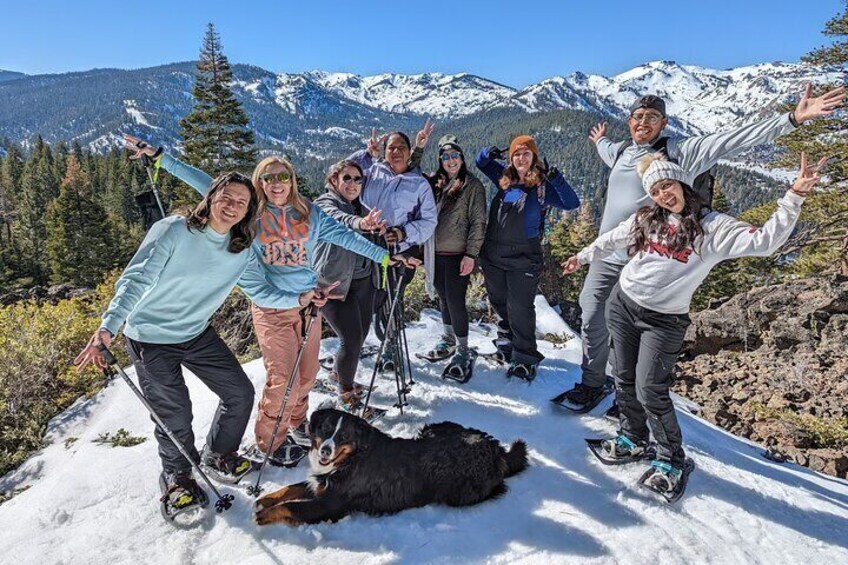 Great friends and views of a guided snowshoeing tour in Lake Tahoe California. 