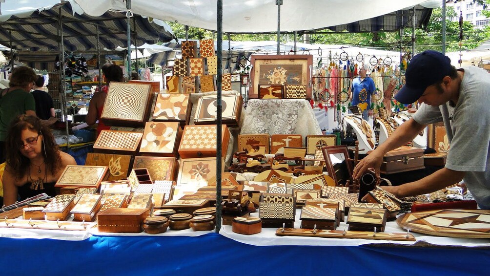 Vendors set up goods at fair in Rio de Janeiro