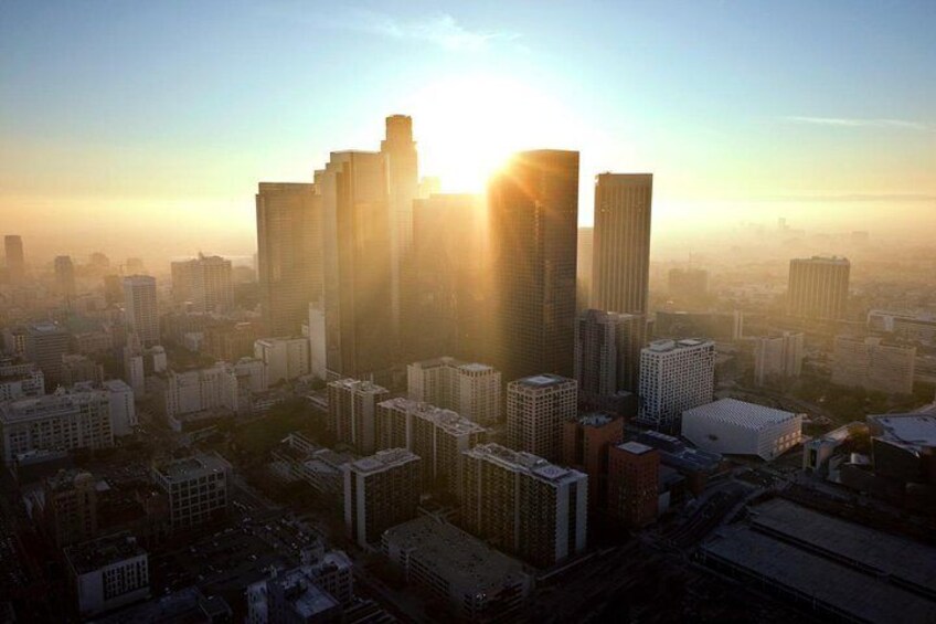 Helicopter above Downtown LA at Sunset