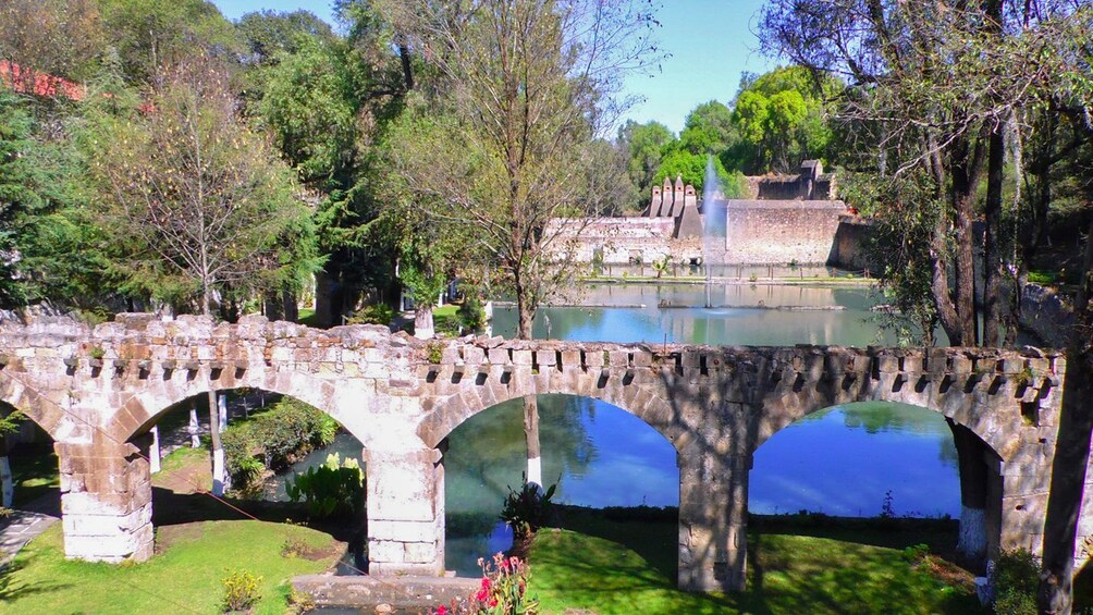 View of stone bridge surrounded by beautiful pond and garden.