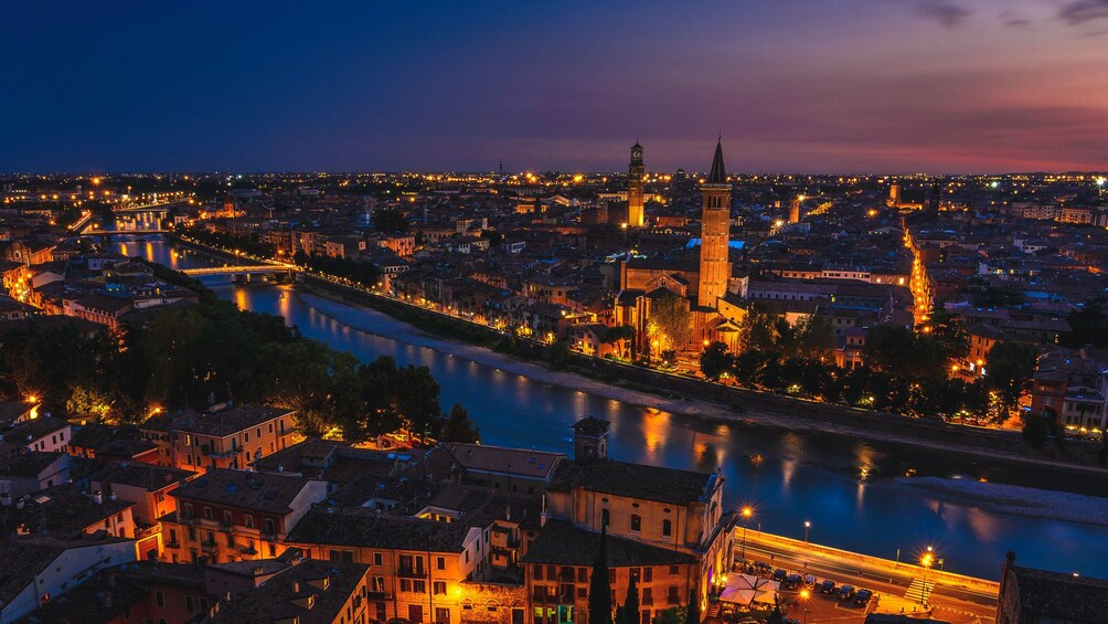 Aerial view of Verona at night.