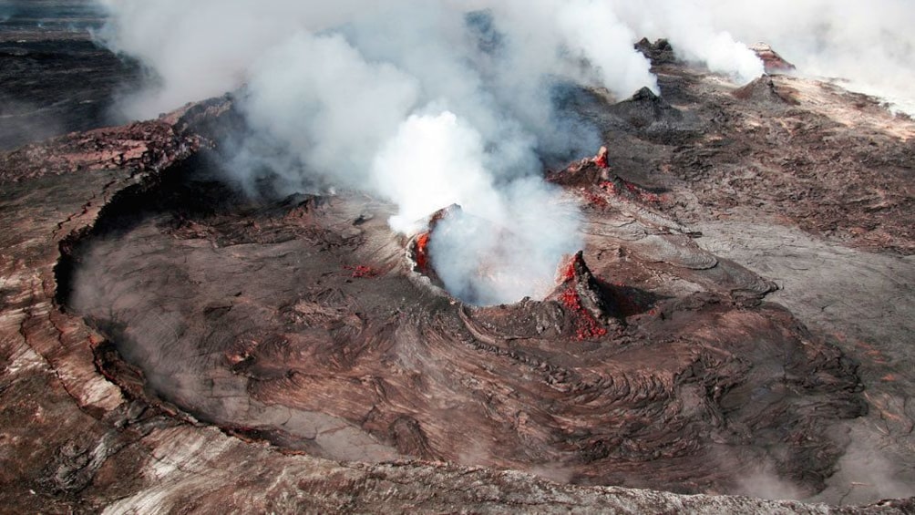 Overhead view of the active volcanoes and lava flows in Waimea 