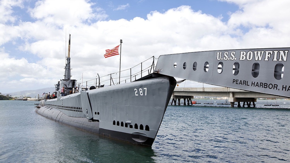 Docked World War two submarine at Pearl Harbor museum in Hawaii 