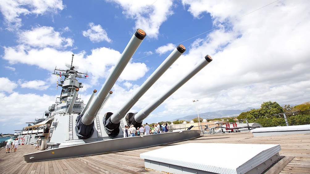 Close up of gun turrets on Destroyer at World War two Pearl Harbor museum in Hawaii 