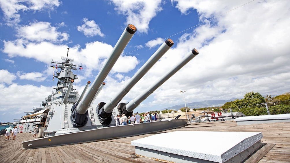 Main guns on battleship in Pearl Harbor in Hawaii