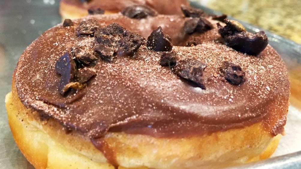 Close up of a chocolate specialty donut in Portland 