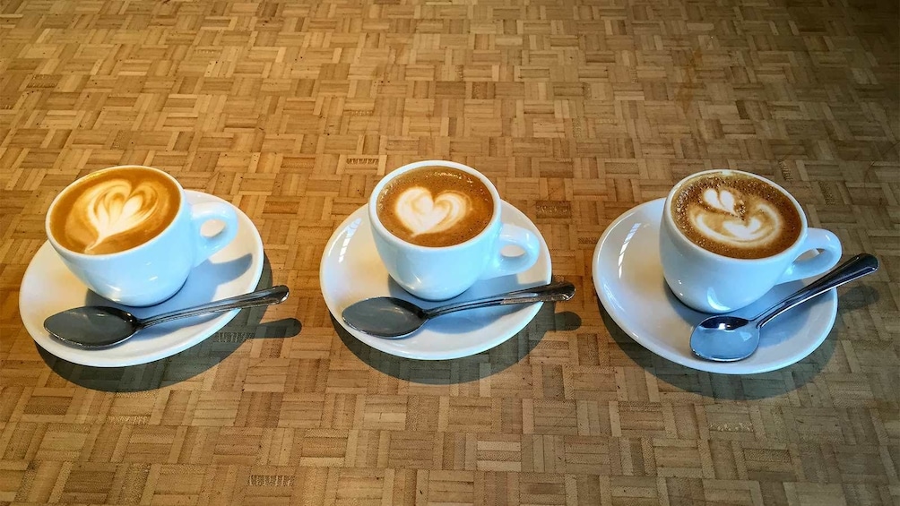 Three lattes at the Pioneering Eastside Roasters Coffee Tour in Portland 