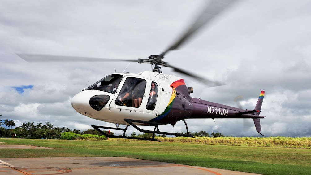 Helicopter about to take off in Kauai 