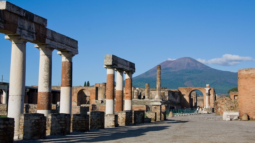 View of Mt Vesuvius from Pompeii ruins.