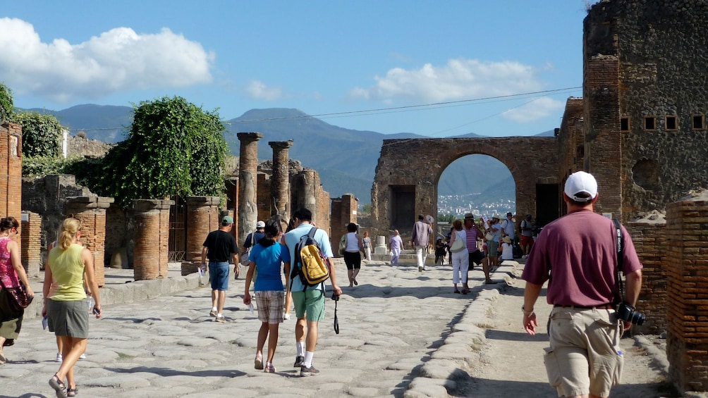 Charger l’élément 5 sur 8. Several tourists walking about in Pompeii preservation site.