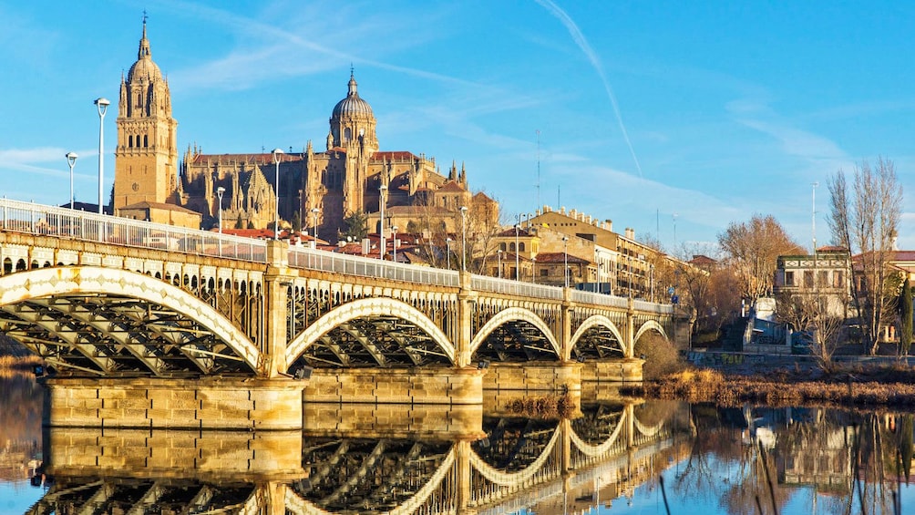 crossing an old structural bridge in Spain