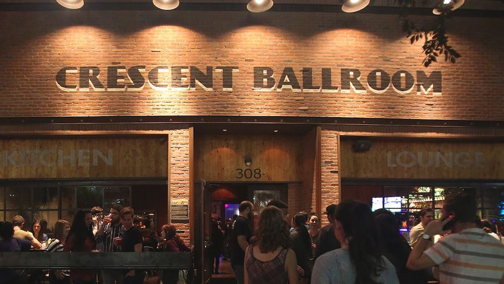 Exterior view of Crescent Ballroom at night.