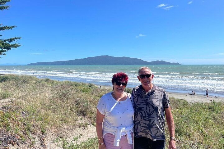 Waikanae Beach and Kāpiti Island with the top of the South Island peeking out.