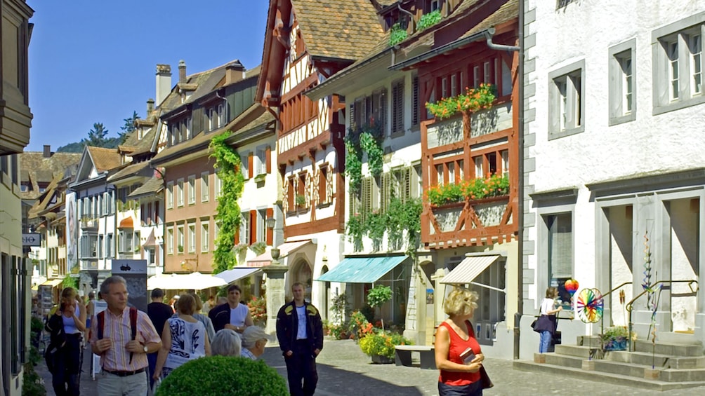 People walk down the streets of Stein am Rhein