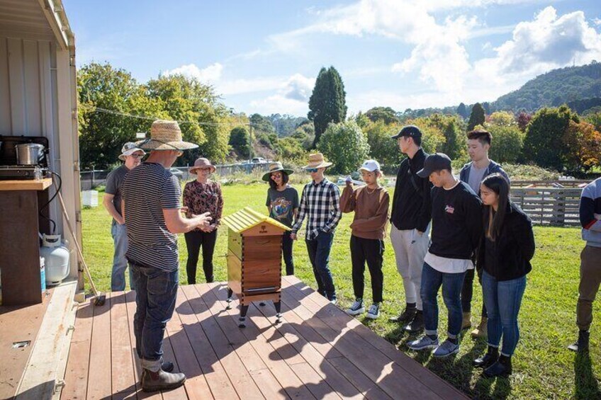 Head teach, Hamish Ta-mé, demonstrates the latest Flow Hive. Hamish is an ambassador for Flow Hive and is an enthusiast for the system. 