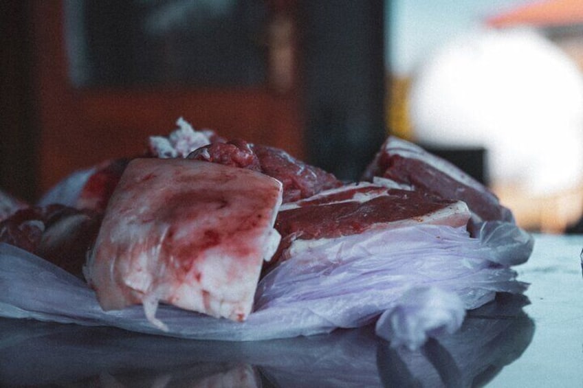 Big chunks of meat, ready to be grilled on the spit.
