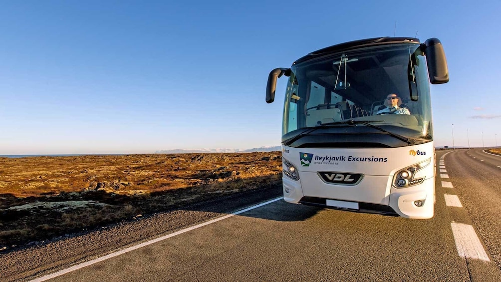charter bus on the road in Reykjavik