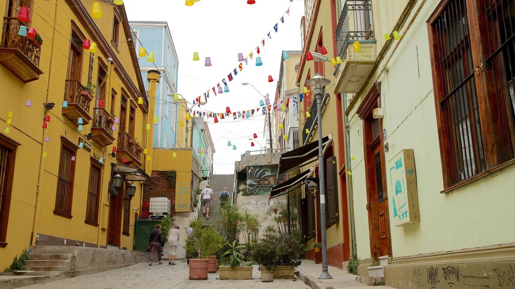 Walkway and stairs between buildings in Valparaiso