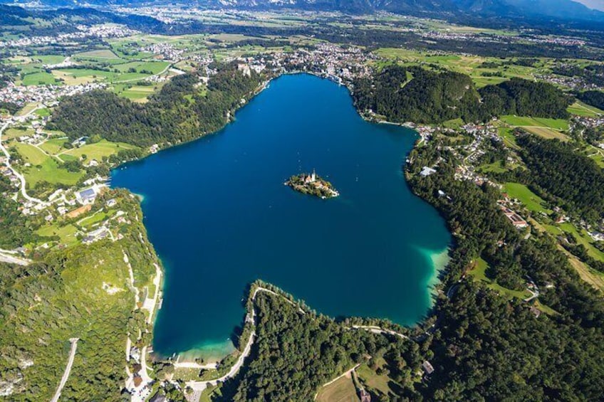 The unique birds view above the Lake Bled and surroundings