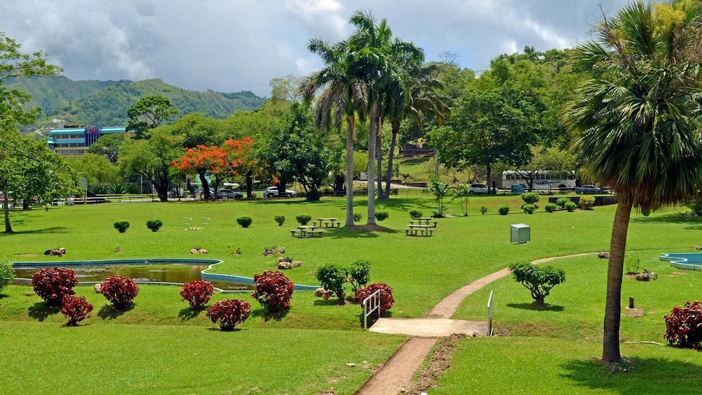 walking through a well kept park in Trinidad and Tobago