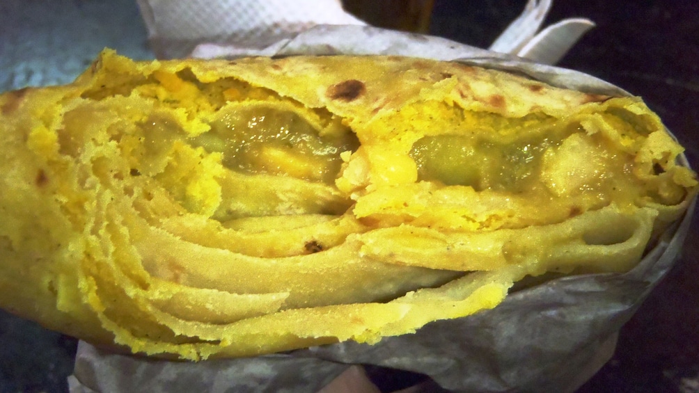Close up of crepe type of food from Trinidad and Tobago
