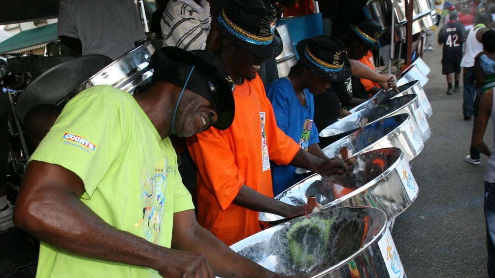 Steel drum players in Steelpan Yards