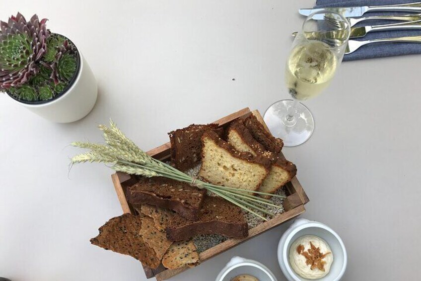 Estonian rye bread along with a rhubarb sparkling wine