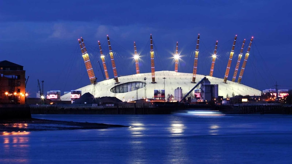 the O2 building lit at night in London